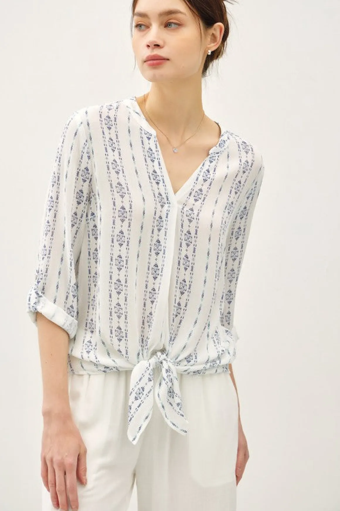 Roxanne Long Sleeve Tie Front Abstract Print Top Blue