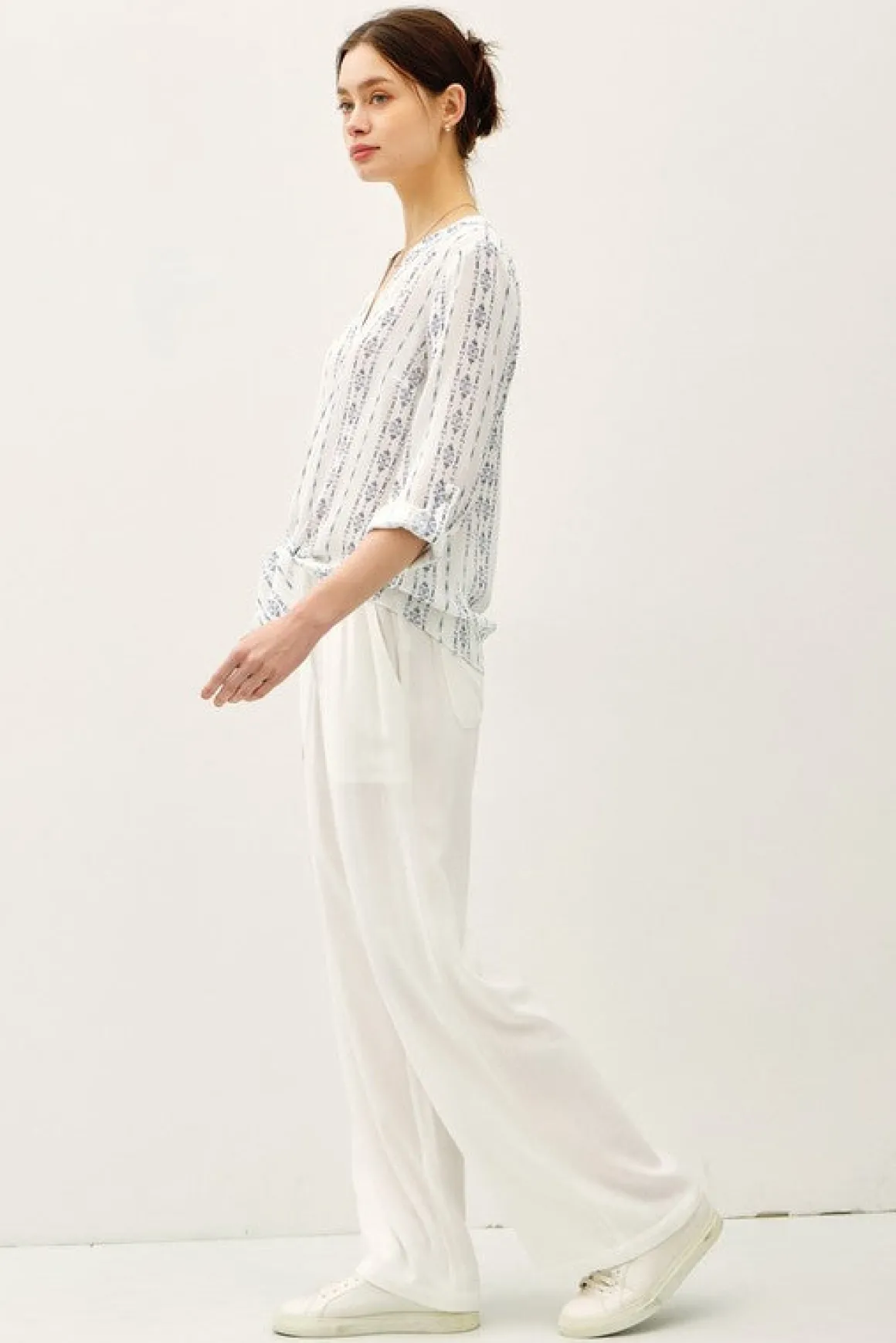 Roxanne Long Sleeve Tie Front Abstract Print Top Blue