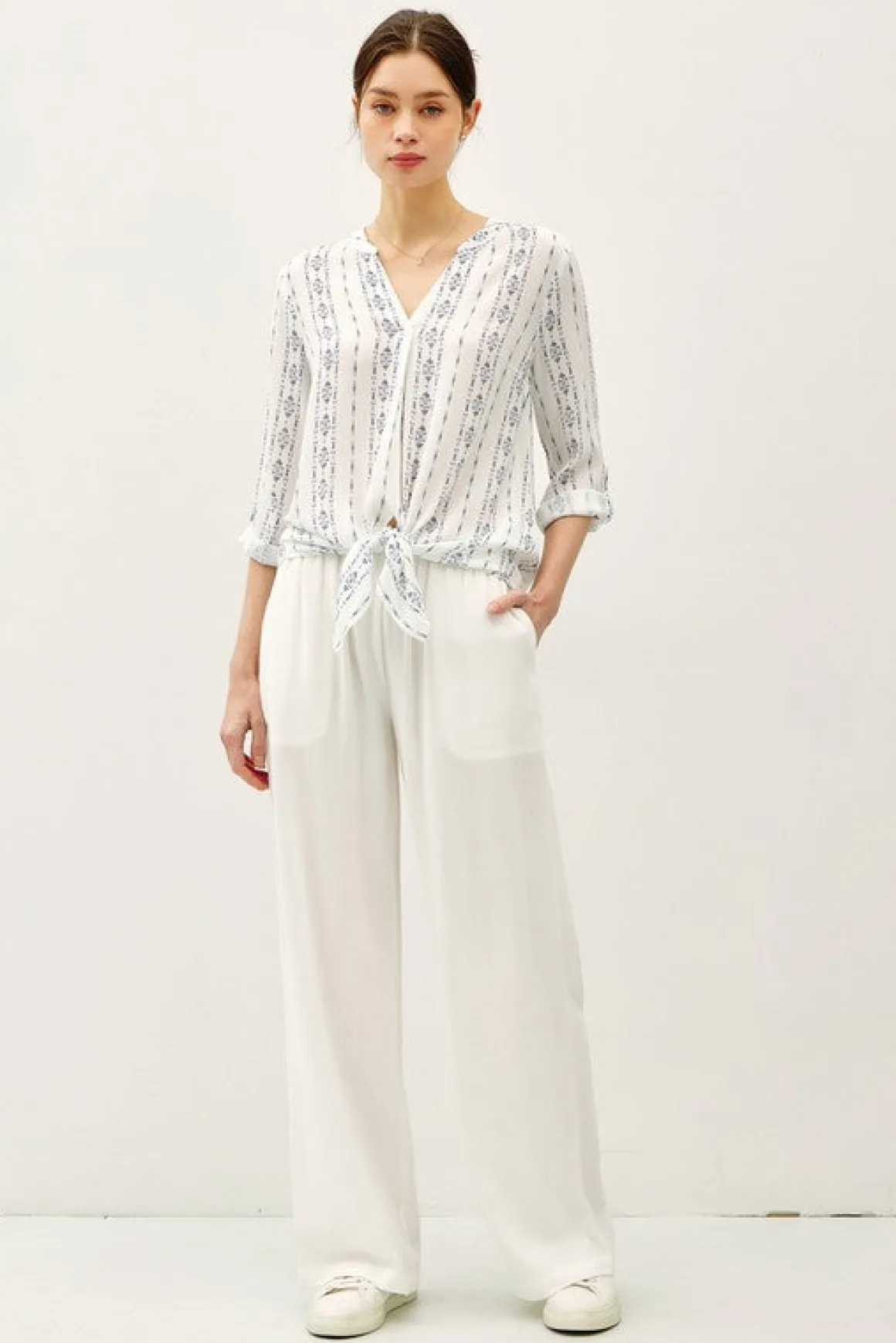 Roxanne Long Sleeve Tie Front Abstract Print Top Blue