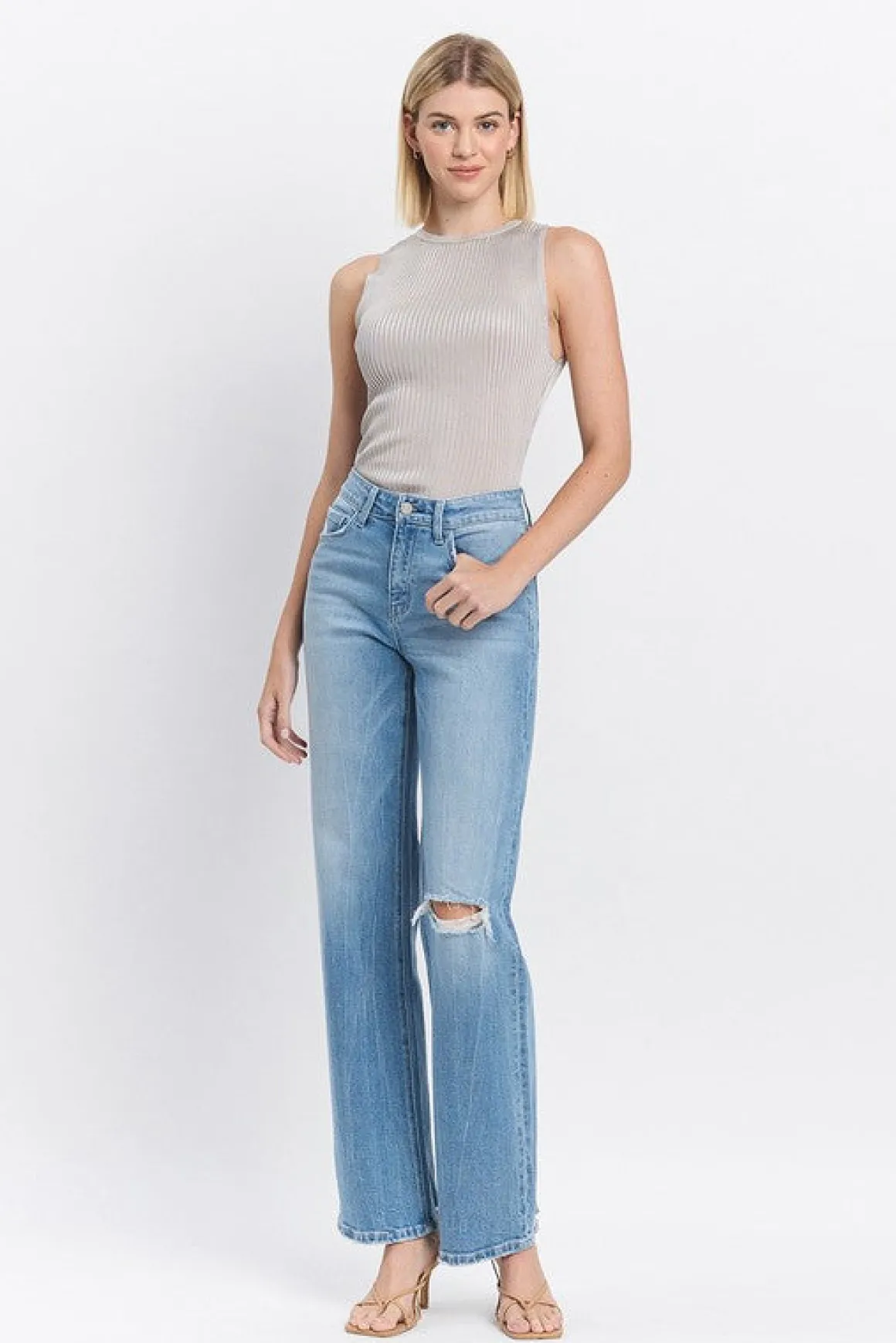 Ryker High Rise Distressed Slim Wide Leg Jeans Medium Wash