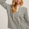 Sabine Long Sleeve Stripe Print Henley Hoodie Sweater Cream