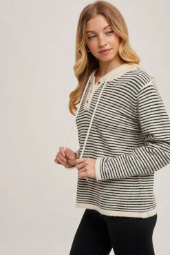 Sabine Long Sleeve Stripe Print Henley Hoodie Sweater Cream