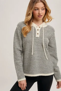 Sabine Long Sleeve Stripe Print Henley Hoodie Sweater Cream
