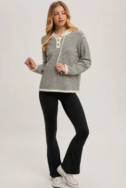 Sabine Long Sleeve Stripe Print Henley Hoodie Sweater Cream