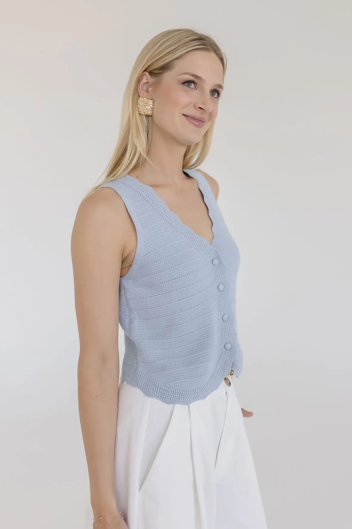 Sabrina Sleeveless Button Down Crochet Knit Sweater Top Blue