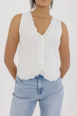 Sabrina Sleeveless Button Down Crochet Knit Sweater Top White