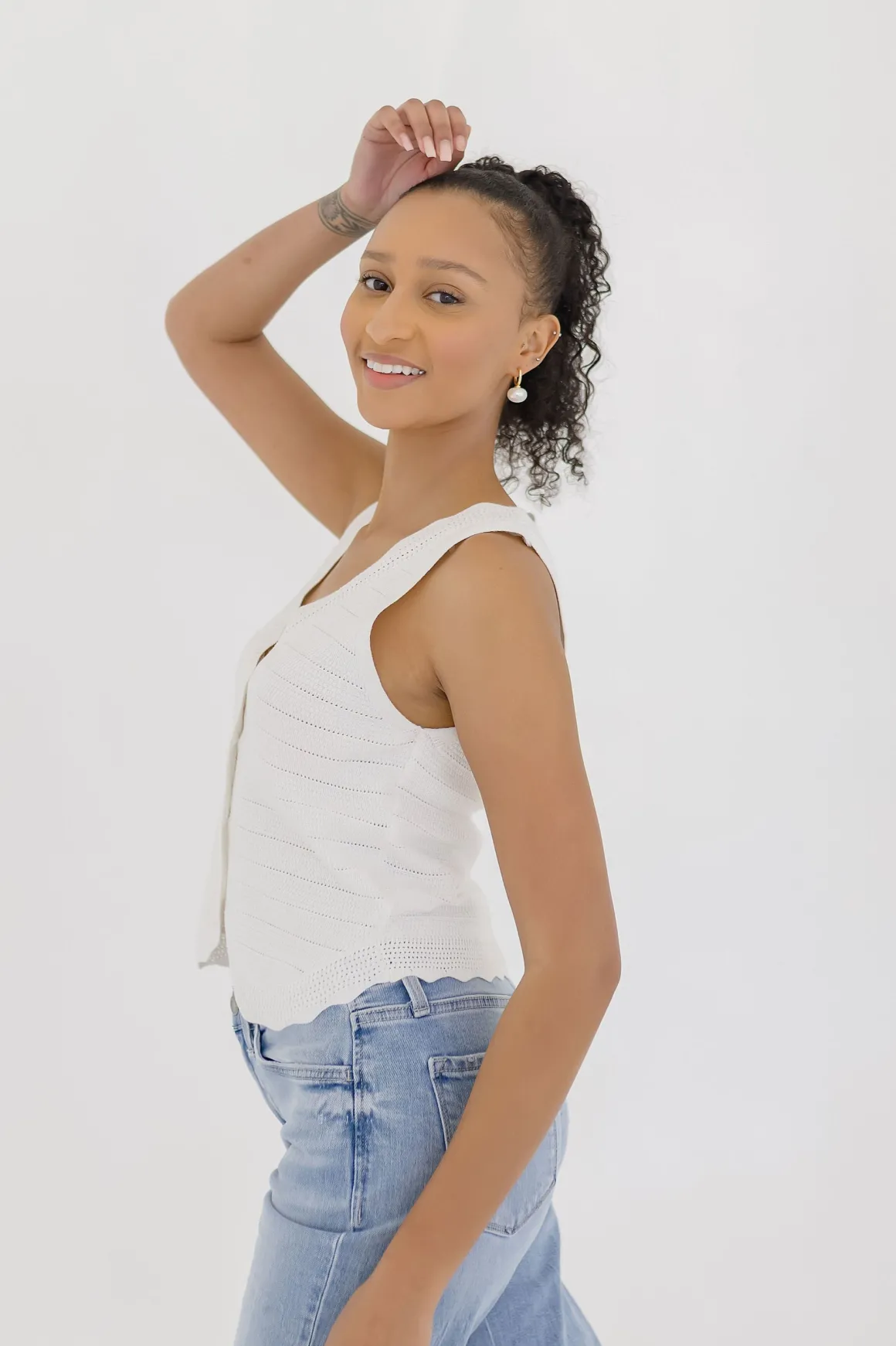 Sabrina Sleeveless Button Down Crochet Knit Sweater Top White