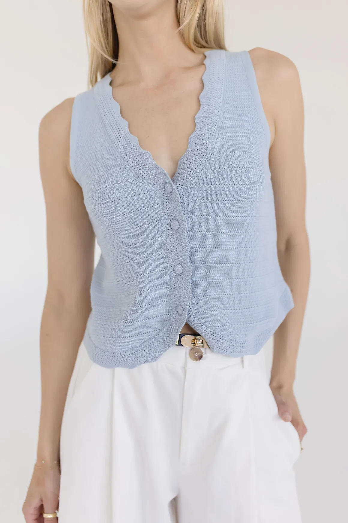 Sabrina Sleeveless Button Down Crochet Knit Sweater Top Blue