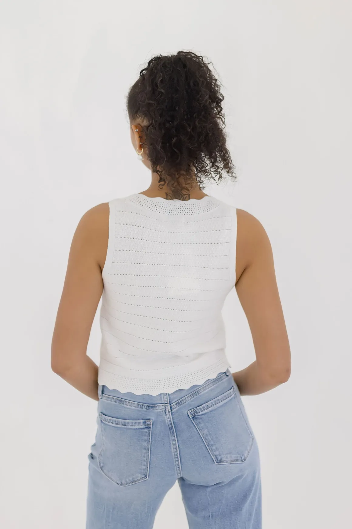 Sabrina Sleeveless Button Down Crochet Knit Sweater Top White