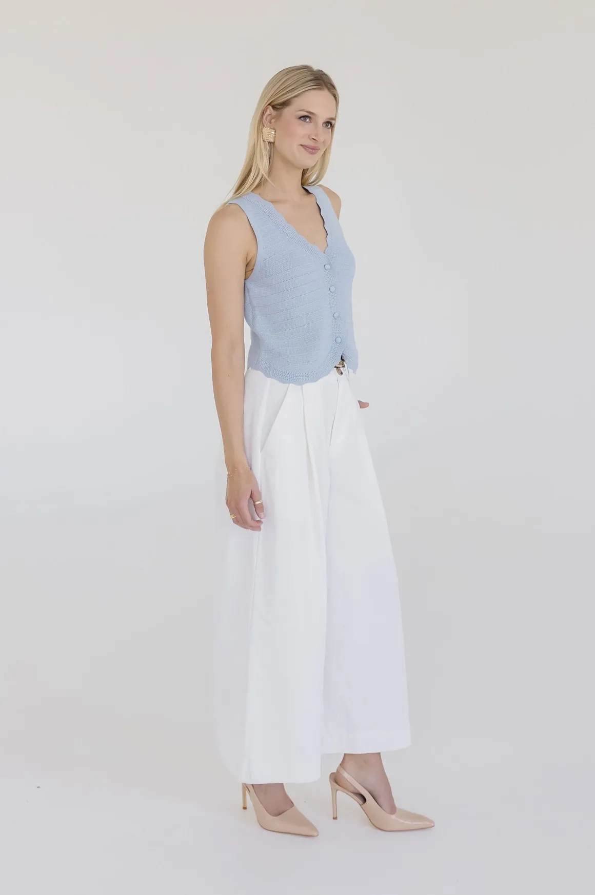 Sabrina Sleeveless Button Down Crochet Knit Sweater Top Blue