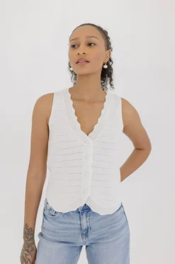 Sabrina Sleeveless Button Down Crochet Knit Sweater Top White