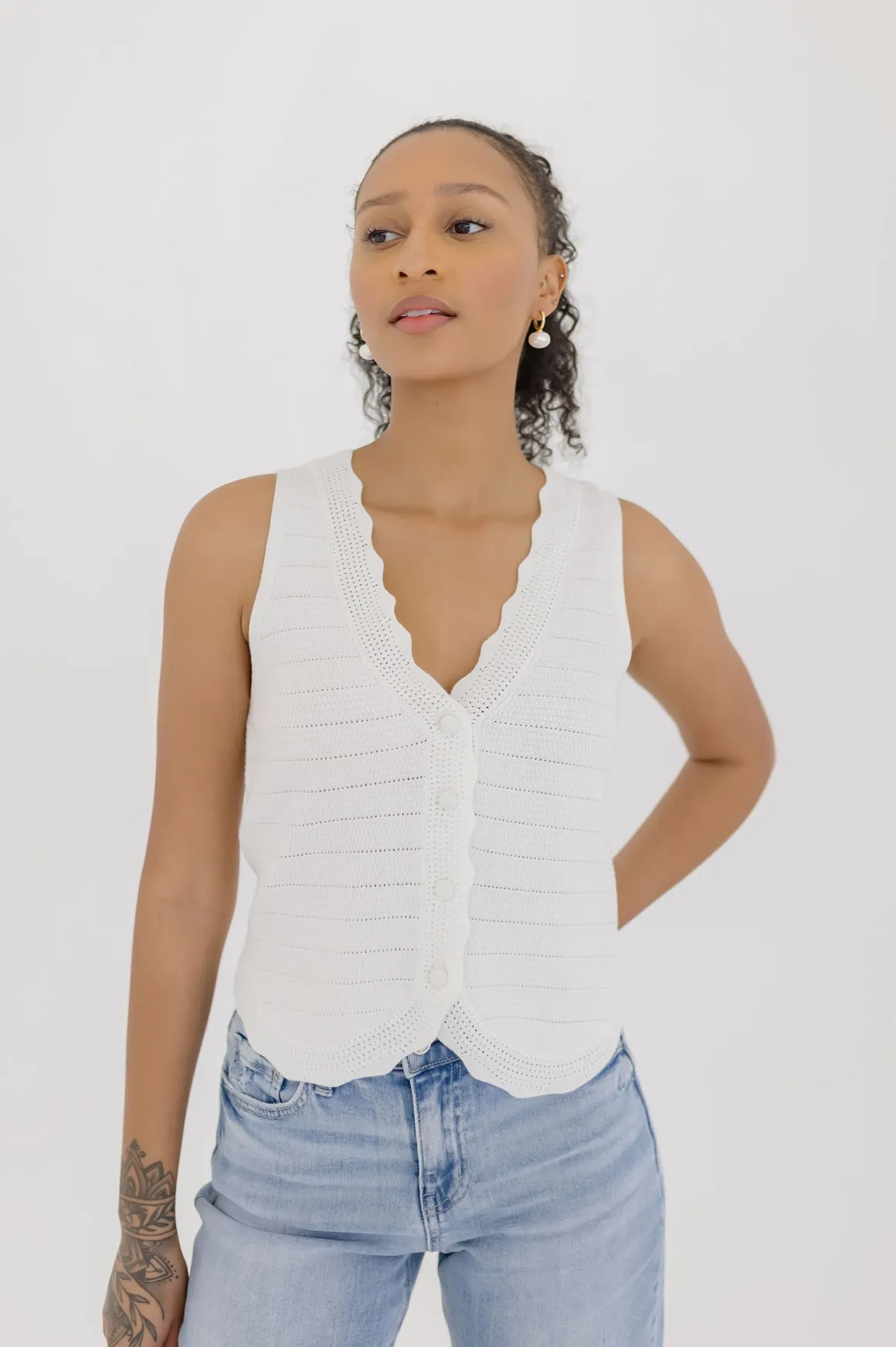 Sabrina Sleeveless Button Down Crochet Knit Sweater Top White