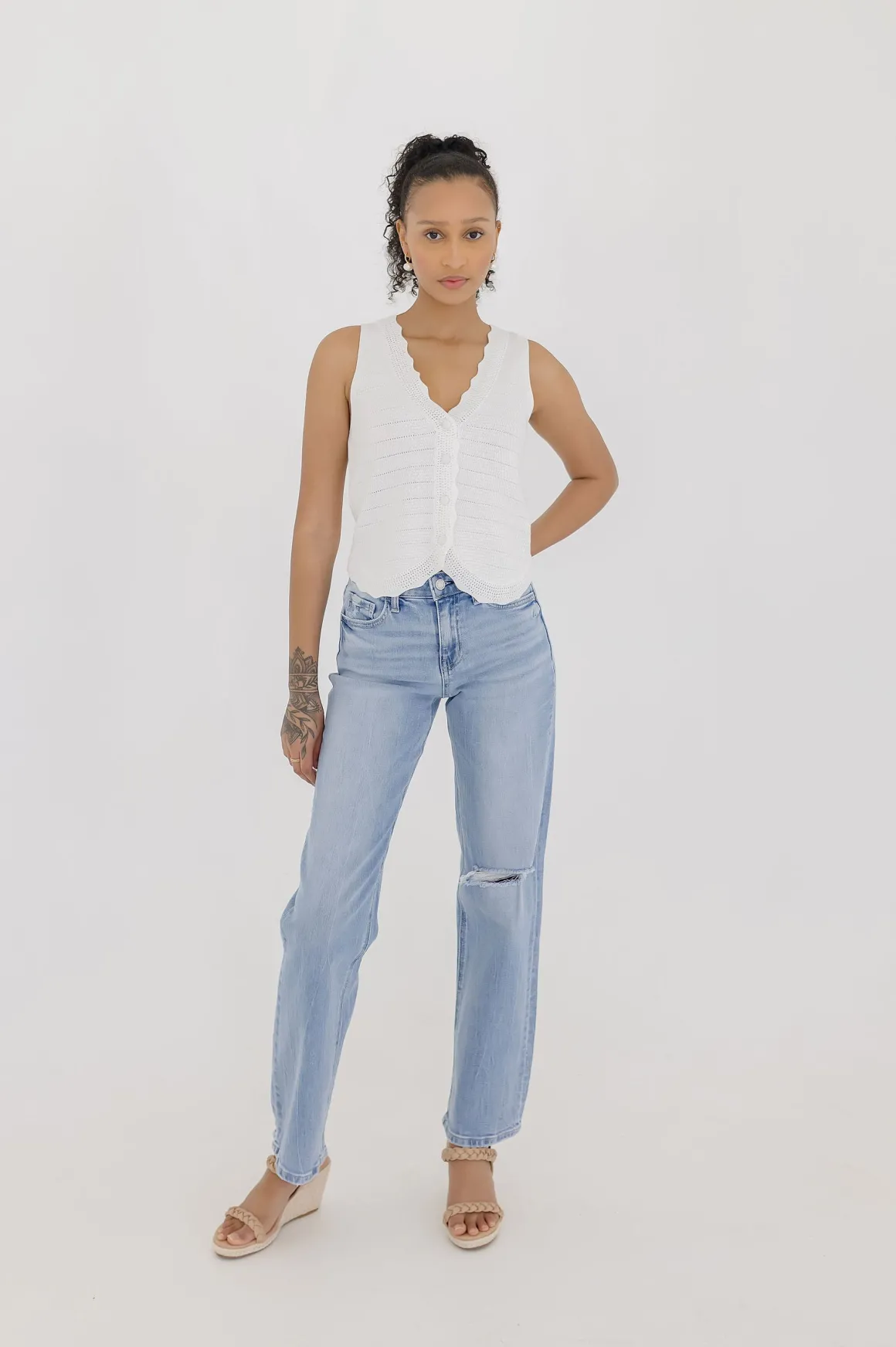 Sabrina Sleeveless Button Down Crochet Knit Sweater Top White