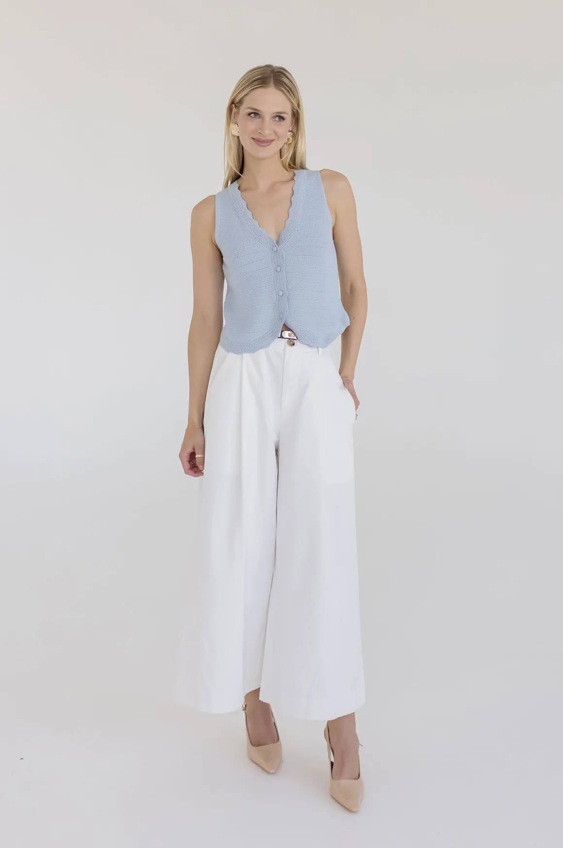 Sabrina Sleeveless Button Down Crochet Knit Sweater Top Blue