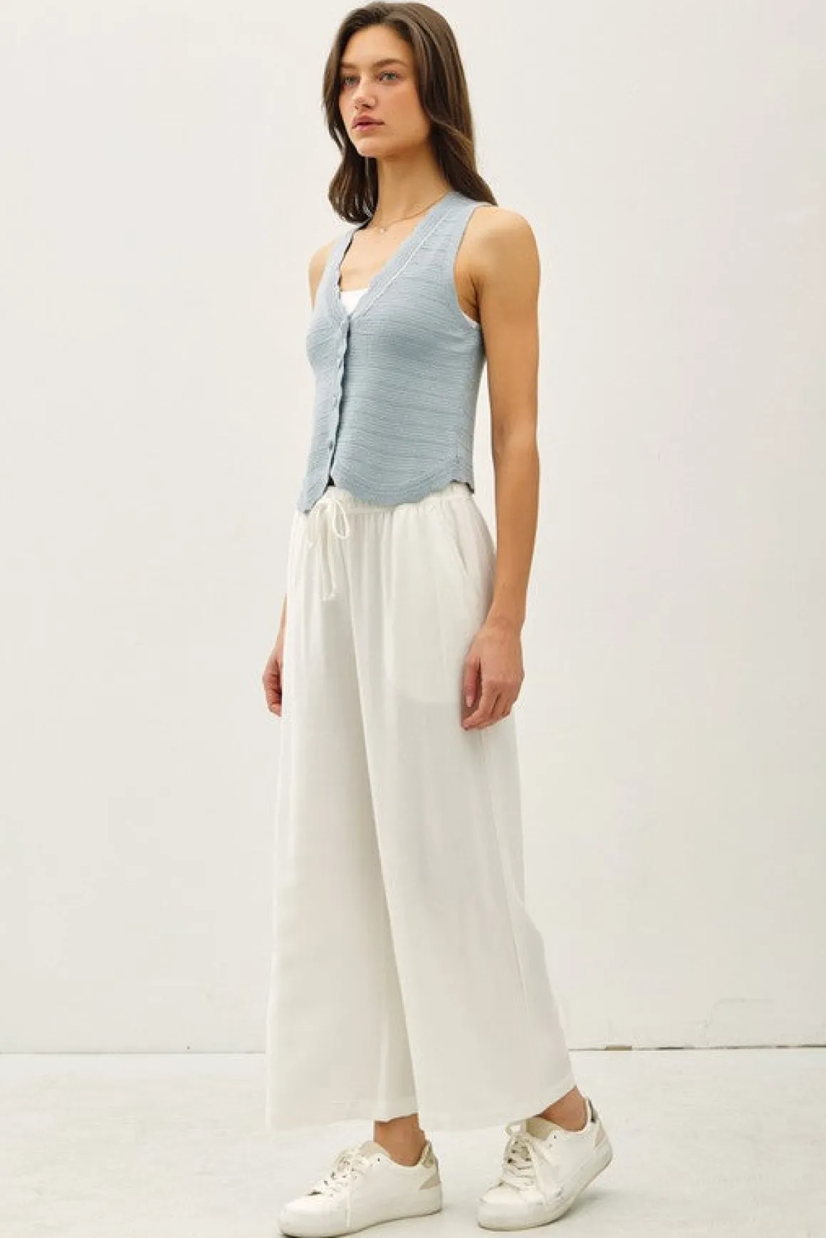 Sabrina Sleeveless Button Down Crochet Knit Sweater Top Blue