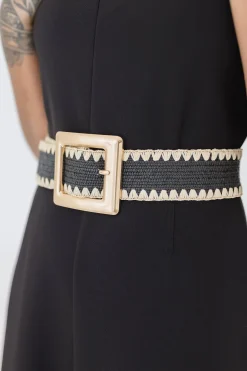 Salena Square Buckle Straw Waist Belt Black