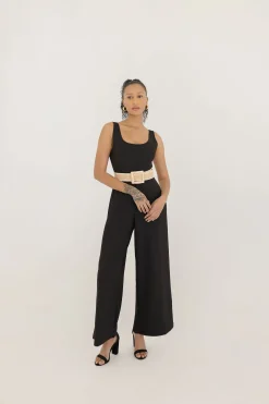 Salena Square Buckle Straw Waist Belt Tan