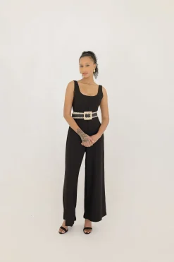 Salena Square Buckle Straw Waist Belt Black