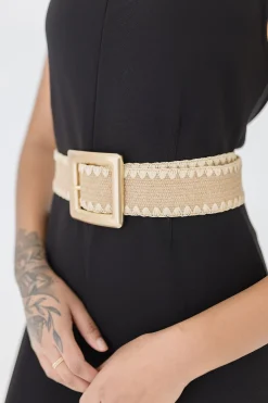 Salena Square Buckle Straw Waist Belt Tan