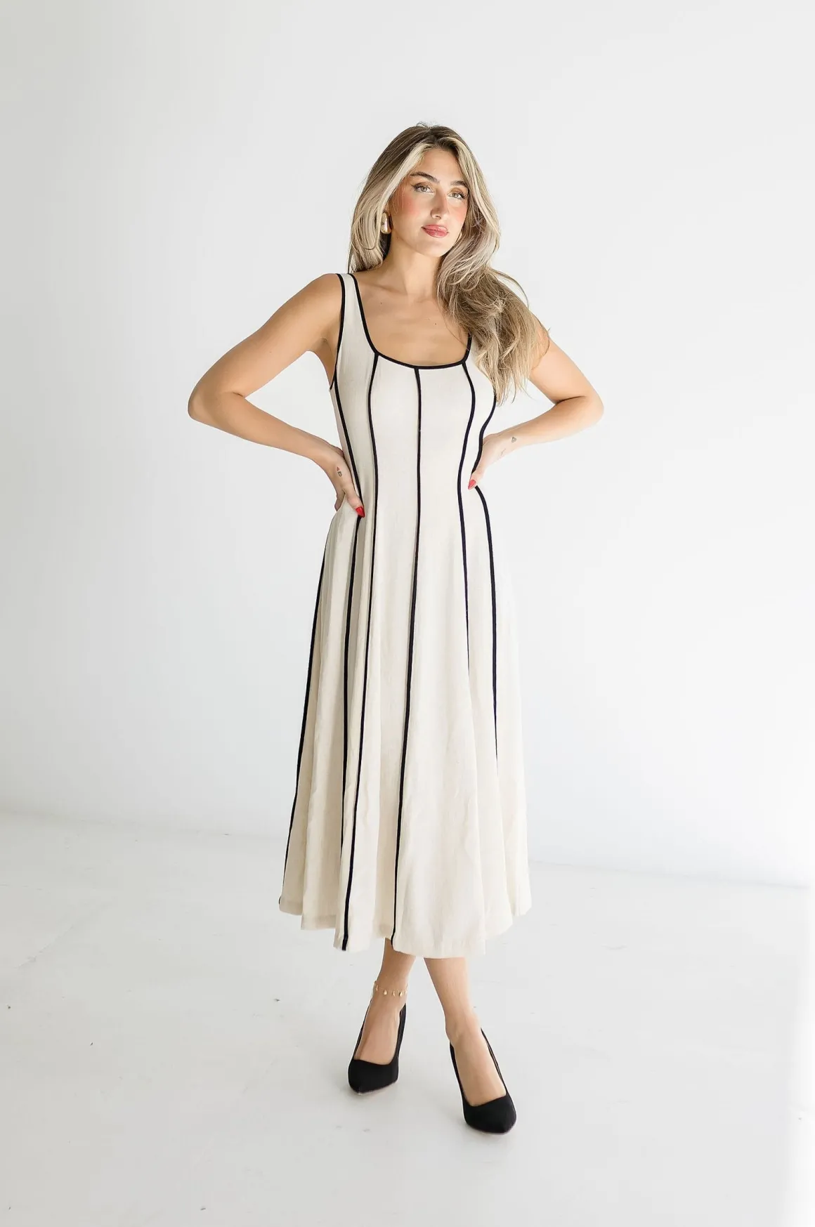 Samantha Sleeveless Contrast Linen Midi Dress Natural