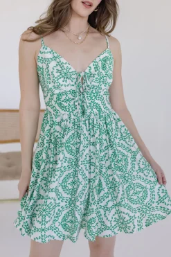 Sami Sleeveless Front Tie Abstract Print Mini Dress Green