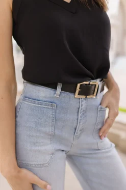 Sarah Double Metal Buckle Vegan Leather Belt Black