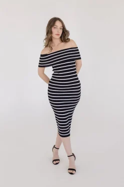 Sasha Off The Shoulder Stripe Print Knit Midi Dress Black