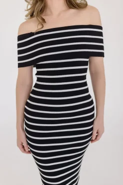 Sasha Off The Shoulder Stripe Print Knit Midi Dress Black