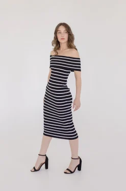 Sasha Off The Shoulder Stripe Print Knit Midi Dress Black