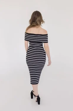 Sasha Off The Shoulder Stripe Print Knit Midi Dress Black