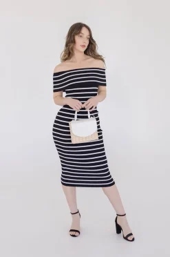 Sasha Off The Shoulder Stripe Print Knit Midi Dress Black