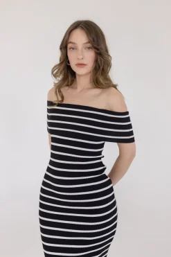 Sasha Off The Shoulder Stripe Print Knit Midi Dress Black