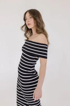 Sasha Off The Shoulder Stripe Print Knit Midi Dress Black