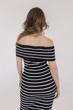 Sasha Off The Shoulder Stripe Print Knit Midi Dress Black