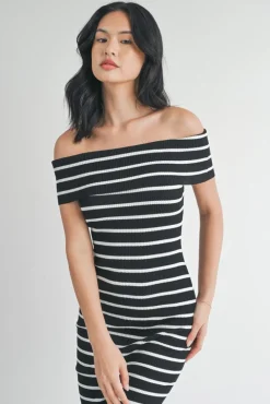 Sasha Off The Shoulder Stripe Print Knit Midi Dress Black