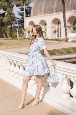 Shaina Short Sleeve Abstract Print Button Down Mini Dress Blue