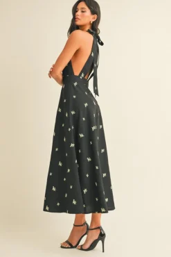 Steph Sleeveless Halter Floral Print Midi Dress Black