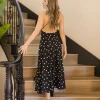 Sydney Sleeveless Back Tie Polka Dot Print Maxi Dress Black