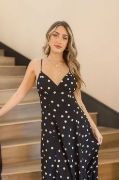 Sydney Sleeveless Back Tie Polka Dot Print Maxi Dress Black