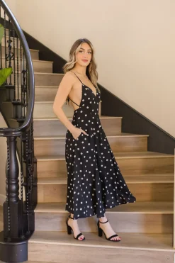 Sydney Sleeveless Back Tie Polka Dot Print Maxi Dress Black