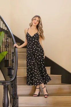 Sydney Sleeveless Back Tie Polka Dot Print Maxi Dress Black
