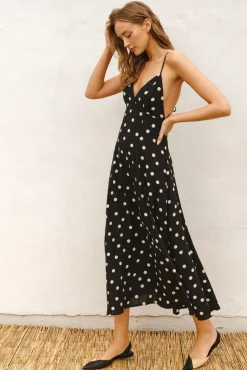 Sydney Sleeveless Back Tie Polka Dot Print Maxi Dress Black