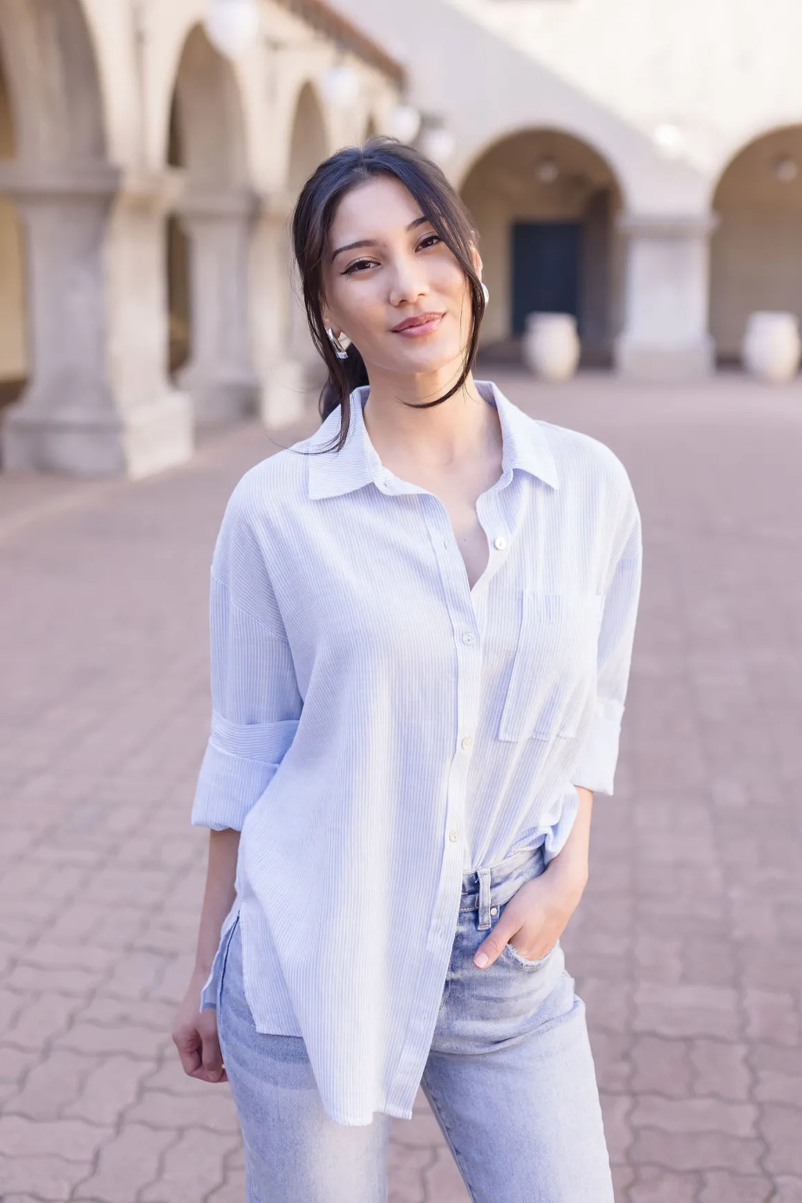 Tamra Long Sleeve Stripe Print Button Down Top Light Blue