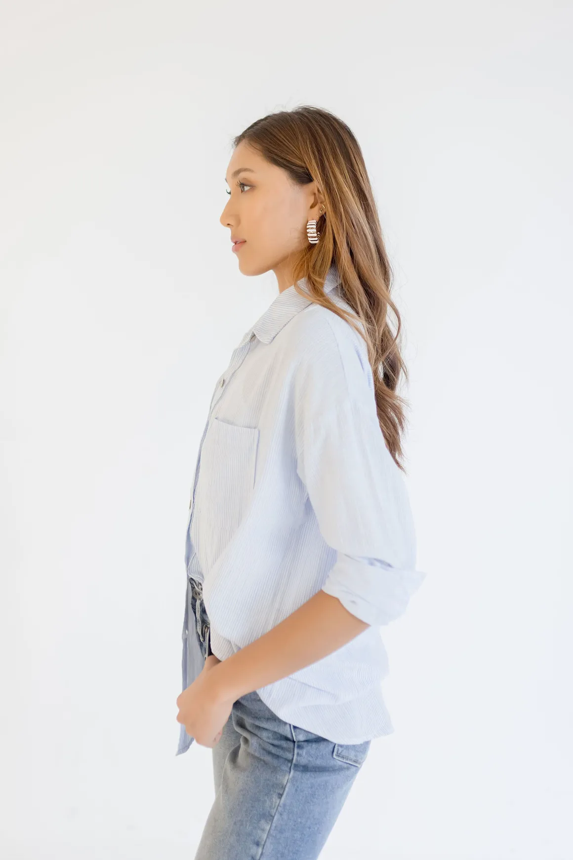 Tamra Long Sleeve Stripe Print Button Down Top Light Blue
