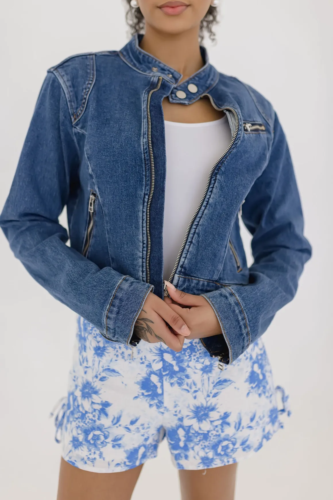 Tara Long Sleeve Moto Denim Jacket Medium Wash