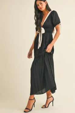 Tasha Short Puff Sleeve Contrast Bow Satin Maxi Dress Black