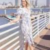 Tatiana Short Puff Sleeves Floral Print Wrap Midi Dress White