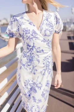 Tatiana Short Puff Sleeves Floral Print Wrap Midi Dress White