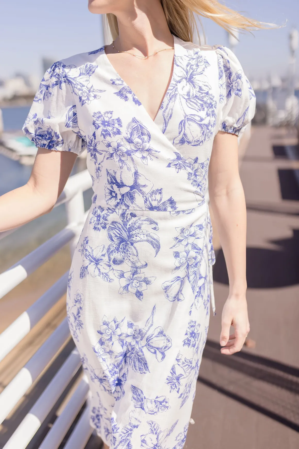 Tatiana Short Puff Sleeves Floral Print Wrap Midi Dress White