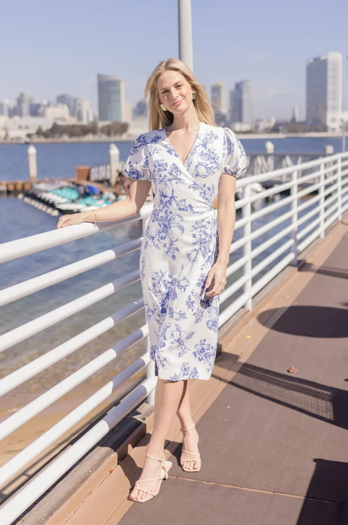 Tatiana Short Puff Sleeves Floral Print Wrap Midi Dress White